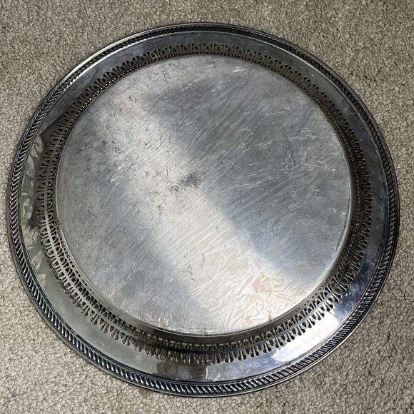 VTG‎ Wm. Rogers #170 Etched Round Silver Plate Pierced Serving Beverage Tray 12" - Picture 7 of 9